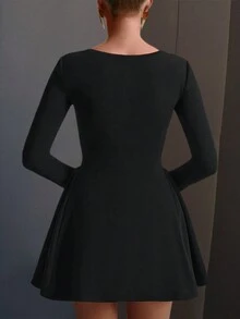 Vestido negro sexy de manga larga, con escote cuadrado, sin espalda y ajustado para fiestas, Día de San Valentín, primavera/verano - Negro - Ver 5