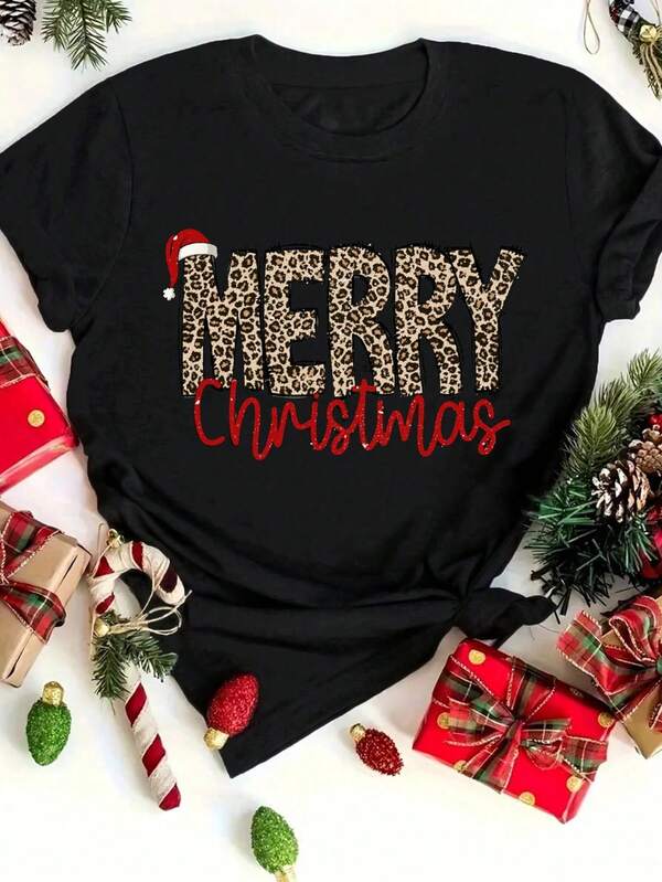 Camiseta feminina estampa leopardo feliz natal gola redonda manga curta