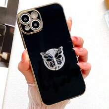 Fashionable Metal Butterfly Ring Holder Phone Case Compatible With IPhone, Samsung Galaxy, Honor, OPPO, Realme, OnePlus, Infinix, Anti-Fall Protective Cover - Black - View 2