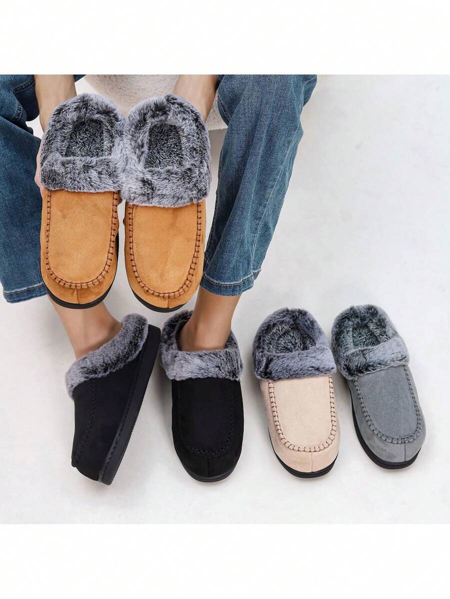 Men's Thick Slippers For Indoor, Warm Fluffy Slippers With Fur Lining, Anti-Slip Winter Slippers