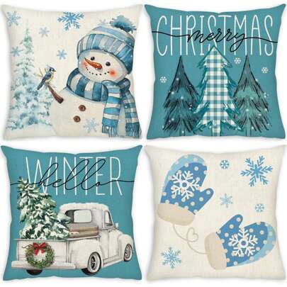 4PCS Pillowcase, Winter Snowman Snowflake Pillowcase Buffalo Plaid Tree Pillowcase Holiday Cushion Cover Sofa Bed Home Decoration, Single Sided Without Pillow Core Christmas  Christmas Decor  Christmas Decorations Christmas Decoration Room Decor