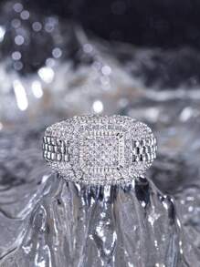 1pc Luxury Men's Cubic Zirconia Paved Ring With Stainless Link Chain Design, Street Style - Yellow Gold - View 5