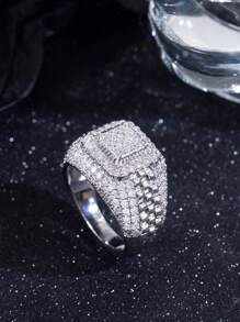 1pc Luxury Men's Cubic Zirconia Paved Ring With Stainless Link Chain Design, Street Style - Yellow Gold - View 6