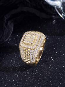 1pc Luxury Men's Cubic Zirconia Paved Ring With Stainless Link Chain Design, Street Style - Yellow Gold - View 3