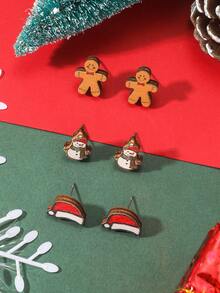 Bộ 3 đôi người tuyết Giáng sinh, mũ ông già Noel, hoa tai gỗ bánh gừng, trang sức dễ thương cho phụ nữ dự tiệc ngày lễ - Nhiều màu - Xem 1