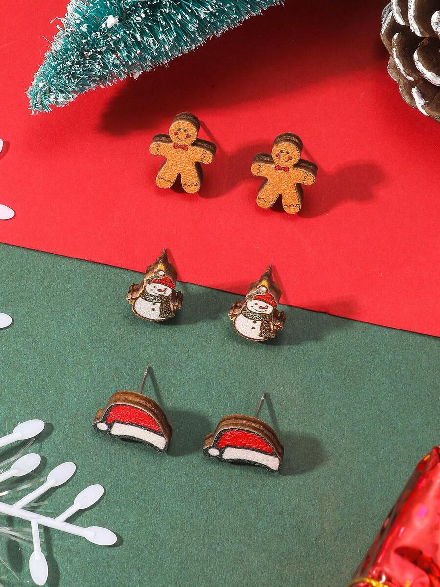 Bộ 3 đôi người tuyết Giáng sinh, mũ ông già Noel, hoa tai gỗ bánh gừng, trang sức dễ thương cho phụ nữ dự tiệc ngày lễ - Nhiều màu - Xem 1