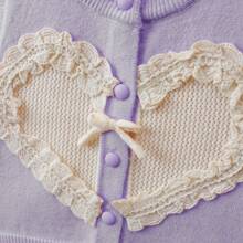 WUHUANG YIYI Girls Cute Casual Applique Lace Trim Heart Pattern Loose Lightweight Round Neck Sweater Cardigan, For Spring Outing - Mauve Purple - View 3