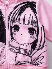 Bộ quần áo hoodie và quần dài in họa tiết hoạt hình cho bé gái, trang phục thường ngày - Hồng - Xem 4