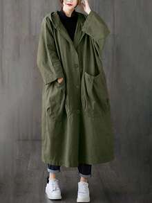 Casual Loose Long Windbreaker With Large Pockets, Button Front Placket, Hooded, Versatile, For Autumn & Winter - 軍綠色 - 查看 5