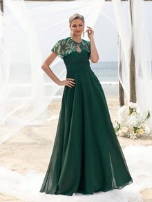 Faeriesty Váy voan xếp nếp phía trước đính hạt Mosy cho mẹ cô dâu - Màu xanh lá cây đậm - Xem 6