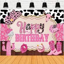 Pink Western Cowboy Theme Happy Birthday Backdrop Fabric Rustic Plank Banner Guitar Cowboy Hat Cowboy Theme Birthday Party Portrait Photography Decoration Banner Vinyl