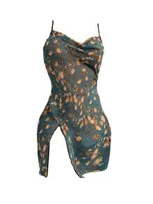 性感睡袍，女士花卉印花 V 领开衩吊带睡袍 - 彩色 - 查看 7