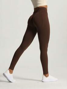 Quần Capri tập yoga cạp cao nâng mông lưng chữ V liền mạch cạp cao màu đào - màu nâu - Xem 4