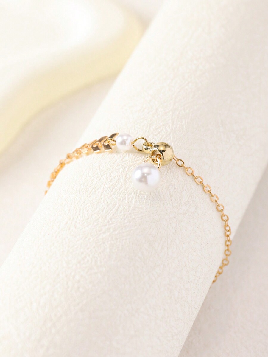 8pcs Set Fashionable & Elegant Copper Inlaid Faux Pearl Geometric Chain