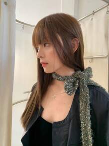 1件全新欧美小众设计柔软奢华秋冬女童窄围巾时尚纯色多功能装饰小围巾亮片辣妹日常搭配情人节 - 彩色 - 查看 4