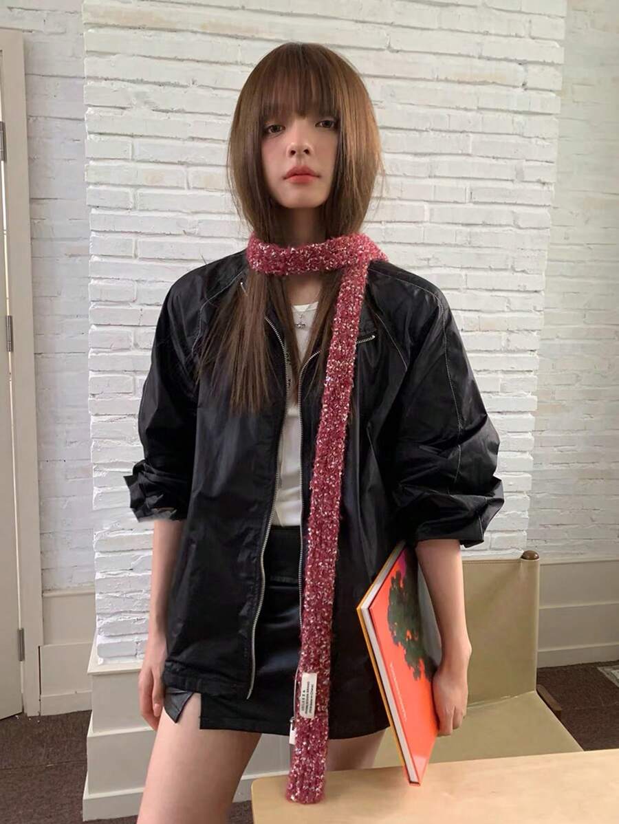 1件全新欧美小众设计柔软奢华秋冬女童窄围巾时尚纯色多功能装饰小围巾亮片辣妹日常搭配情人节 - 彩色 - 查看 1