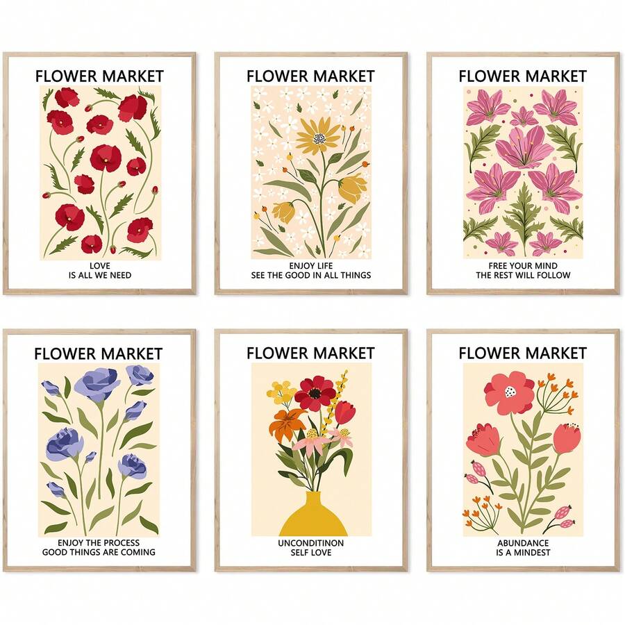 6 bức tranh tường chợ hoa Canvas in tường trang trí hoa tường cổ điển hình ảnh hoa đầy màu sắc nghệ thuật in tường áp phích cổ điển cho phòng thẩm mỹ Boho trang trí phòng ngủ không có khung - Nhiều màu - Xem 1