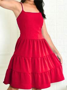 Women's Short Dress With Loose Straps With Duna Fabric Lining And Ruffles - Đỏ - Xem 2