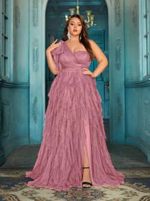 Vestido formal elegante para mujer de talla grande, adecuado para galas de noche, eventos formales, fiestas de cóctel, celebraciones de cumpleaños - Vestido con abertura y cuello asimétrico de unicolor, para verano - Rosa vieja - Ver 1