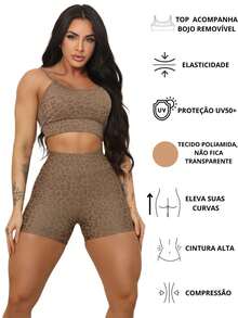 jelik fashions Shorts + Top Set With Removable Pad Animal Print Leopard Straps Polyamide Fitness Women's Fashion Gringa Blogger Gym - 米色 - 查看 2