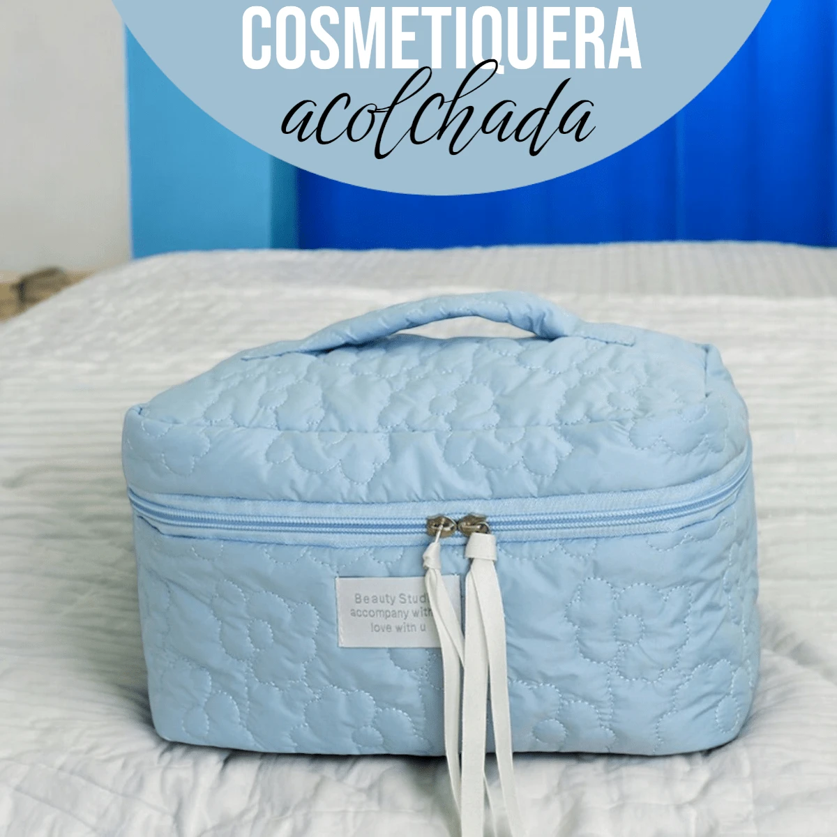 Cotton Makeup Bag, Travel Cosmetic Bag, Quilted Cosmetic Bag, Floral Aesthetic Cosmetic Bag, Cute Small Toiletry Bag, Travel Cosmetic Bag For Women And Girls, Zipper Bag, Makeup Organizer - 藍色 - 查看 1