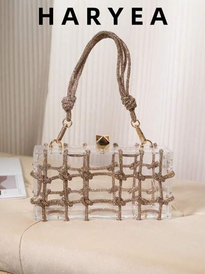 Bolsos de cadena para damas europeas y estadounidenses, bolso de embrague con diamantes de moda, bolso cuadrado pequeño, mini bolso de cosméticos, bolso de novia, bolso de fiesta, bolso de acrílico transparente con cordón