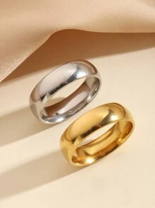 两件套不锈钢简约抛光金银戒指，适合日常佩戴或作为礼物 - 彩色 - 查看 1