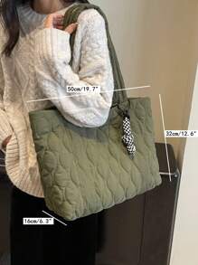 1 buah Tas Tote Bahu Empuk Premium, Kapasitas Besar, Cocok Untuk Wanita di Musim Gugur/Dingin, Penggunaan Sehari-hari, Perjalanan Kerja, Sekolah/Kuliah, Warna Hijau, Desain Berquilting, Penutup Resleting, Ringan, Dapat Dilipat, Tas Perjalanan Singkat - Dark Green - View 7