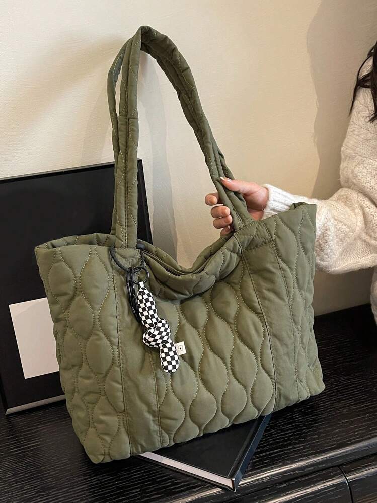 1 Stück hochwertige gepolsterte Schultertasche, großes Fassungsvermögen, geeignet für Frauen im Herbst/Winter, Alltagsgebrauch, Arbeitsweg, Schule/Universität, Farbe Grün, gestepptes Design, Reißverschluss, leicht, faltbar, Tasche für kurze Reisen - Dunkelgrün - Übersicht 4