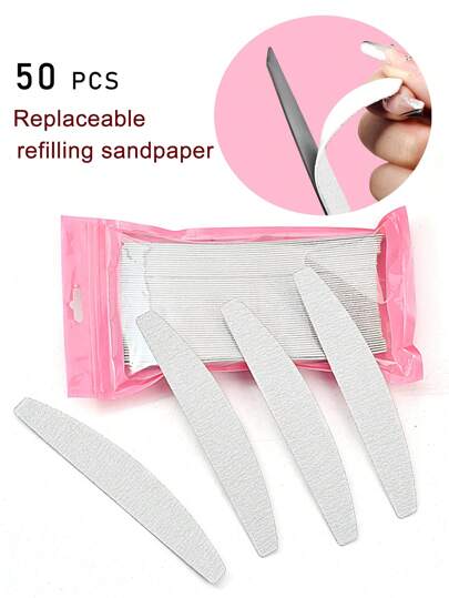 NailShine 50 Stück austauschbare graue Zebra-Streifen Nagelfeilen, halbmondförmig, wiederverwendbar und waschbar, 100/180 Körnung (Edelstahlplatte separat erhältlich)