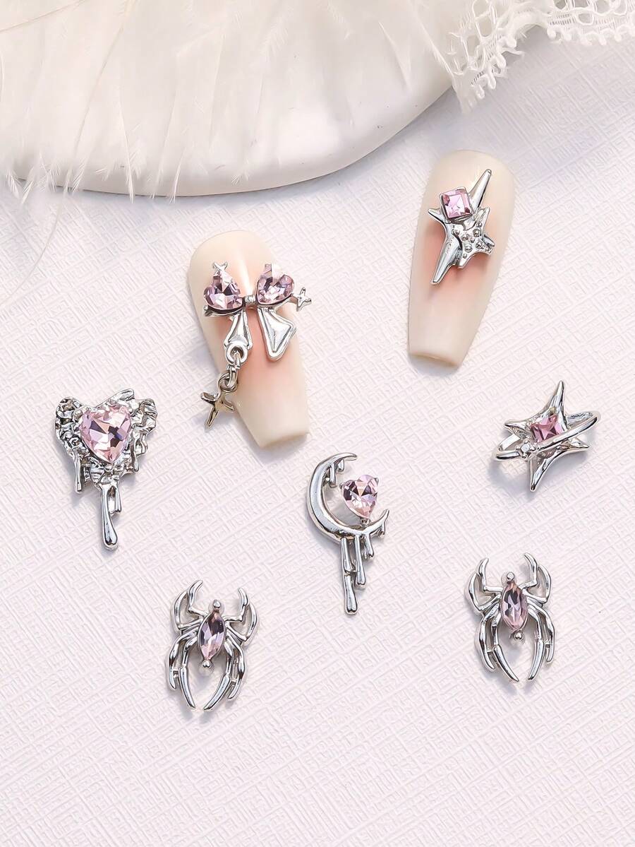 18pcs Silver Metal Nail Art Decoration Set, 3D Nail Jewelry, Colorful