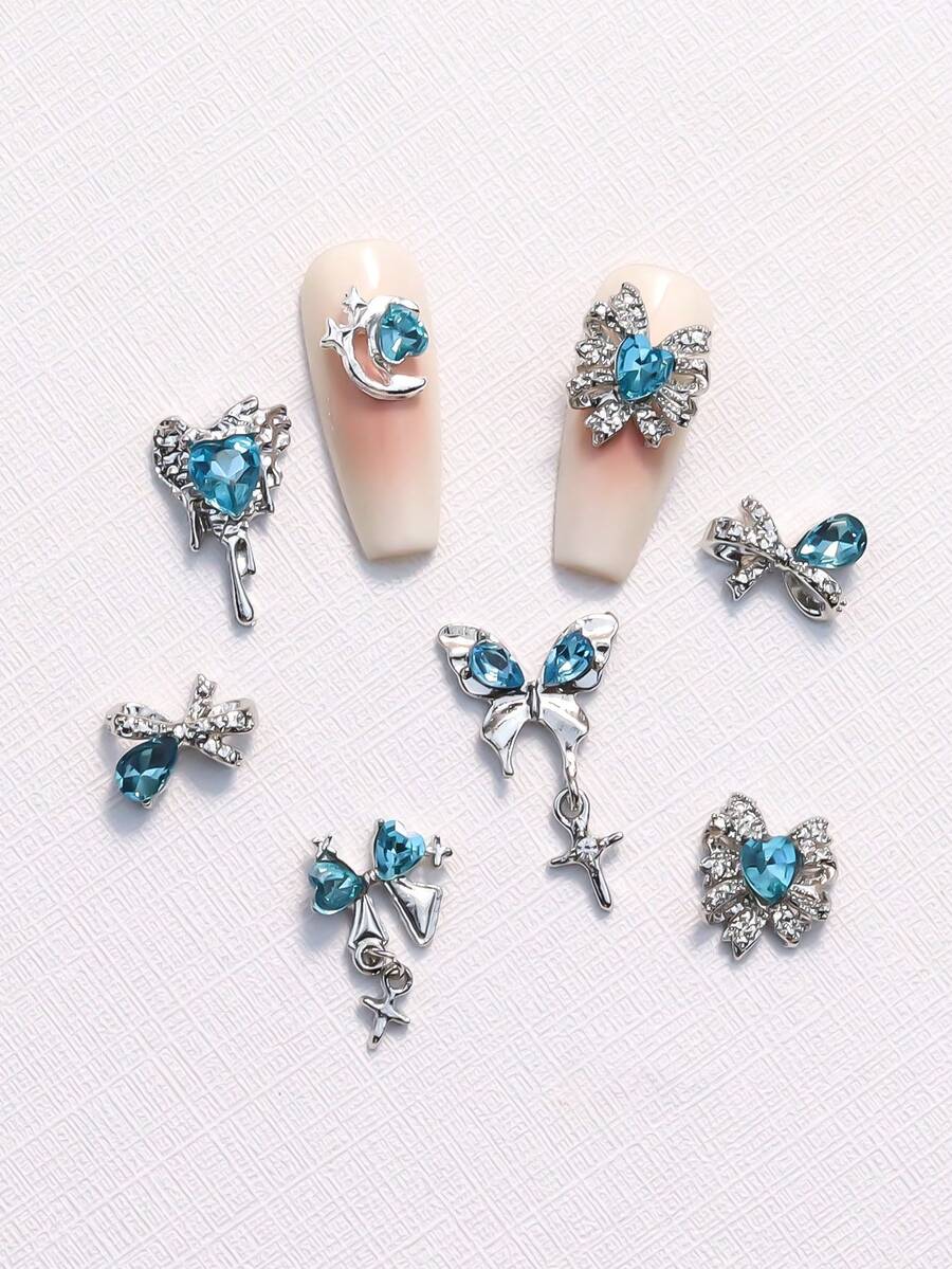 18pcs Silver Metal Nail Art Decoration Set, 3D Nail Jewelry, Colorful