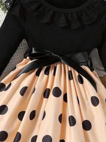波点蕾丝边领拼接公主腰带连衣裙，适合派对、海滩度假、少女春夏穿着 - 黑色 - 查看 4