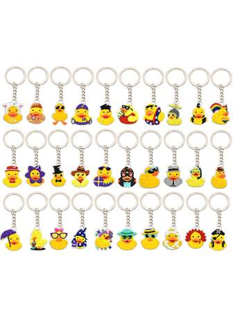 Set de 30 llaveros de pato amarillo de dibujos animados en colores surtidos, decoración temática, regalos de llaveros de coche para familiares y amigos, accesorios de cumpleaños/bolso, accesorios de coche, adorno de bolso escolar