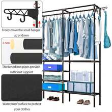 Clothes Rack With Storage Shelf, 3 In 1 Clothes Hanging Rack, Shoe Rack With Non-Woven Shelves For Shoes, Coat Rack For Bedroom, Hallway, Entryway, - Black - View 6