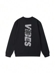 2025 Dames Herfst/Winter Nieuwe Eenvoudige Palmboom & Letter Print Casual Ronde Hals Lange Mouw Sweatshirt, Vakantie-geïnspireerd, Casual Maar Modieus: Ontdek Onze Dames Ronde Hals Sweatshirts Om Een Vleugje Elegantie Toe Te Voegen Aan Je Casual Garderobe