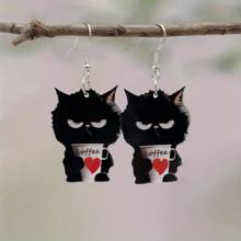 Cartoon Black Cat Coffee Cup Acrylic Earrings - Lightweight, No Electroplating, Fashionable Accessory For Everyday And Party Occasions - Ideal Gift For Family And Friends