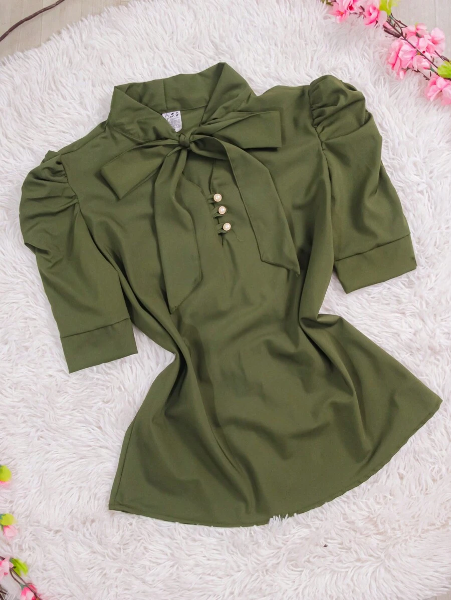 Women's Short Sleeve Puffed Blouse With Bow No. 8 - Hijau Tentara - View 1