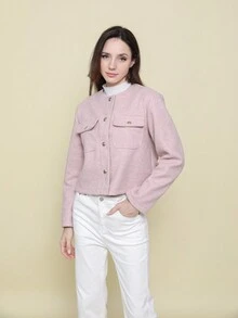 Áo khoác Bomber mềm mại có túi trang trí đơn giản sang trọng - Hồng - Xem 1