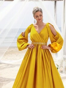 Faeriesty Mosy 镂空灯笼袖斜襟领正式派对礼服 新娘妈妈礼服 - 黃色 - 查看 9