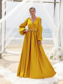 Faeriesty Mosy 镂空灯笼袖斜襟领正式派对礼服 新娘妈妈礼服 - 黃色 - 查看 6