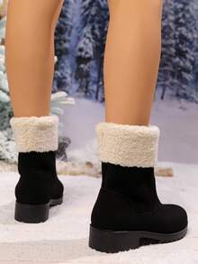 Giày bốt mũi tròn đế dày cho nữ, bốt cổ ngắn phong cách Anh thời trang có cổ lông, giày đen ấm áp và thoải mái cho mùa thu đông - màu đen - Xem 4