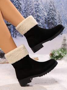 Giày bốt mũi tròn đế dày cho nữ, bốt cổ ngắn phong cách Anh thời trang có cổ lông, giày đen ấm áp và thoải mái cho mùa thu đông - màu đen - Xem 3