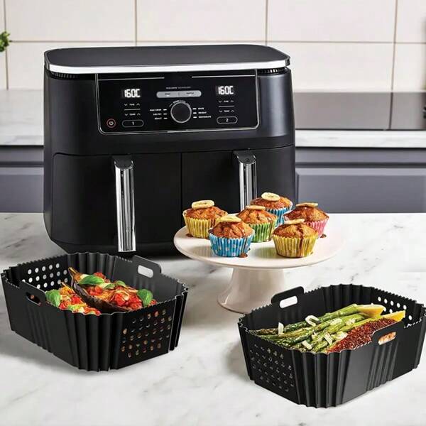 1/2 Packs Reusable Silicone Air Fryer Liners | Non-Stick, Dishwasher Safe Baking Mats For XL Dual Basket & Tower (Universal Fit, Easy Clean)