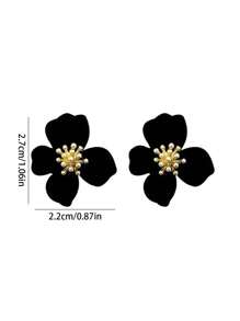 1 Pair Black Floral Design Earrings, Fashion Stud Earrings For Women, Casual & Versatile, Suitable For Valentine's Day, Mother's Day, Can Be Used As A Gift - Black - View 3