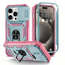 [滑动窗口系列] 兼容 Apple 16 15 14 13 12 11 Pro Max Plus XS Max 8 Plus 系列，适用于 Galaxy S24 S23 S22 S21 Plus Ultra A14 A15 A16 A26 A35 A55 A56 三合一重型防摔支架手机壳，带滑动窗口保护，防水防震防刮 - 綠色 - 查看 2