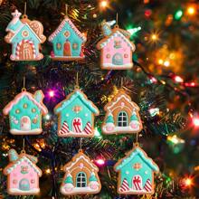 6pcs Gingerbread House Shaped Colorful Fairy Tale Ornaments With Gold String, Home Party Decor,Christmas - Multicolor - View 4