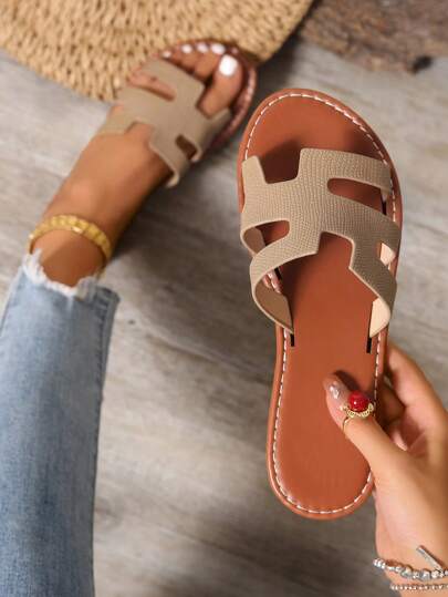 韩版休闲平底凉鞋，露趾一脚蹬女式拖鞋，夏季，春秋季新款罗马风格时尚法式沙滩泳池家居拖鞋，可搭配连衣裙