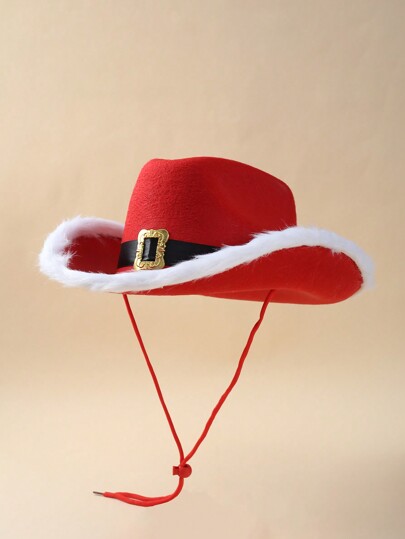 1pc Red Bohemian Casual Polyester Fluffy Christmas Party Hat, Felt Hat, Jazz Hat, Bowler Hat, Unisex Wind-Proof Lace-Up Design, Autumn/Winter