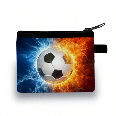 1PC Football And Floral Printed Zippered Coin Purse